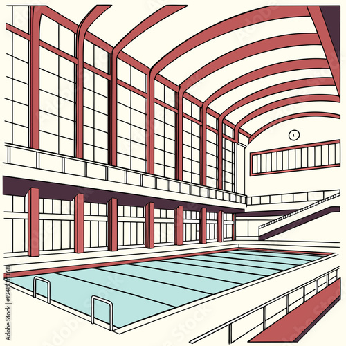 Indoor swimming pool with red beams and large windows