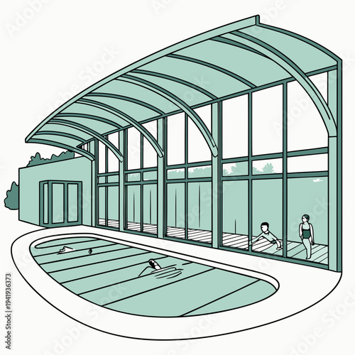 Indoor swimming pool with glass walls and metal roof