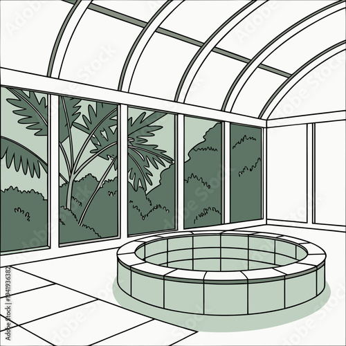 Indoor circular spa pool with glass roof and tropical view