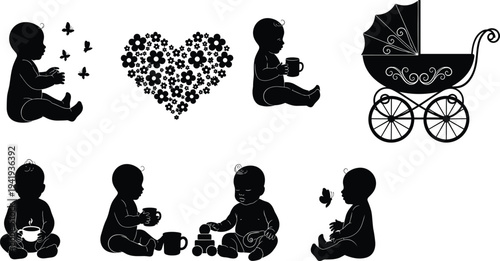 Baby silhouette illustration vector childcare parenting activity design graphics, stroller heart butterfly concept, black and white creative art collection