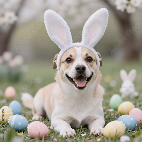 monochrome, playful dog with bunny ears amidst easter egg decor