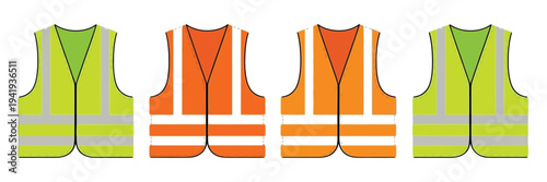Safety Vest Set with Reflective Stripes in Green, Orange, and Yellow Colors, High Visibility Worker Uniform Mockup, Road Construction Safety Clothing, Industrial Protective Gear Vector Illustration