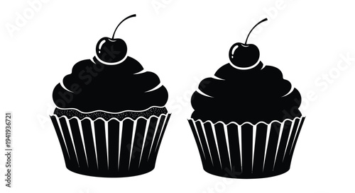 Two black cupcake silhouettes with cherries on top presented against a plain white background silhouette
