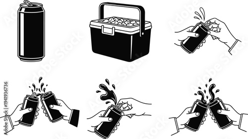 Canned beverage silhouette illustration vector drinks party celebration design graphics, soda beer toast concept, black and white creative art collection