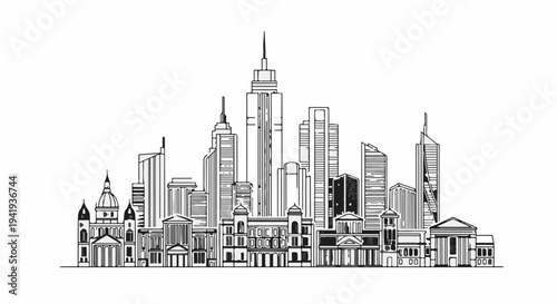 A line art drawing depicts a city skyline with various buildings of different heights and architectural styles