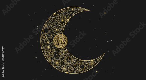 Crescent Moon with Ornate Gold Design.