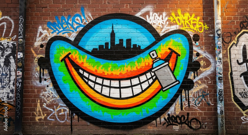 Colorful graffiti art of a smiling face with city skyline.