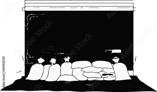 A line art drawing of sandbags stacked against a dark surface