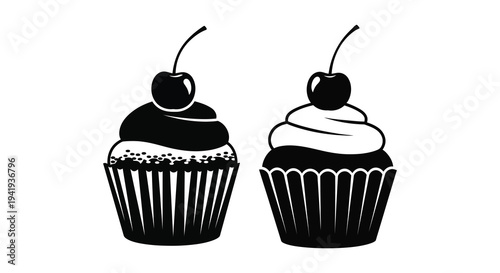 Two detailed cupcake illustrations with stems and frosting presented as a striking silhouette high quality professional
