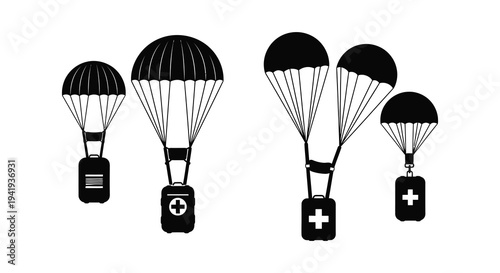 Four parachutes descend representing cargo and medical supplies depicted as a stark silhouette high quality professional