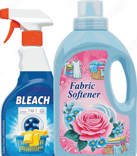 Vector illustration of laundry cleaning supplies featuring a bleach spray bottle and fabric softener container with floral labels isolated on white background