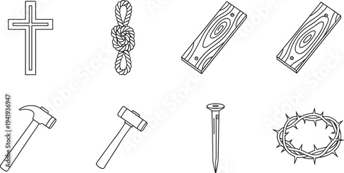 Religious symbols and tools for crucifixion and sacrifice, line art icons