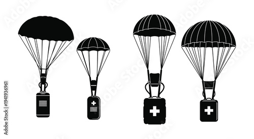 Four black parachutes with cargo containers descend depicting aid or supplies delivery silhouette high quality