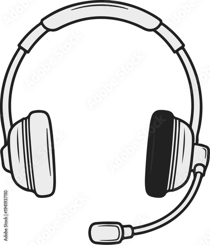 A simple black and white illustration of a headset with a boom microphone