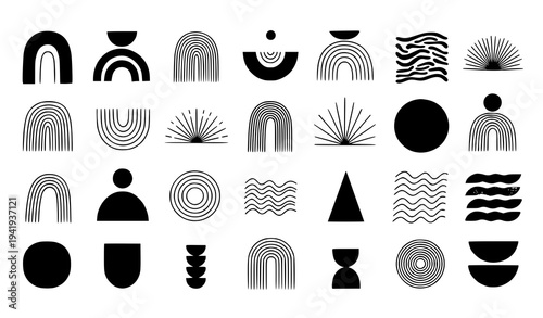 Hand drawn mid century abstract shapes vector set with minimalist geometric line art elements for modern wall art design