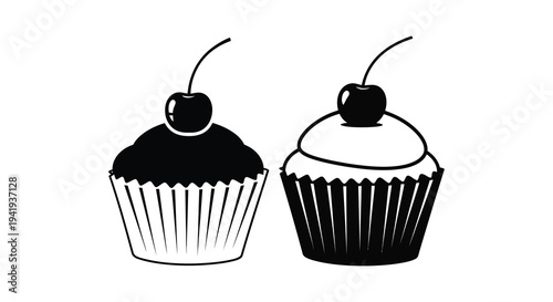 Two black and white cupcakes with cherries are depicted in a striking silhouette high quality professional