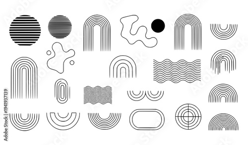 Minimal mid century modern abstract elements vector collection with geometric shapes and stripe line art