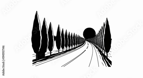 A road lined with trees leading to a dark circular tunnel or void