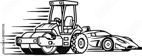 A road roller and a sports car race forward with motion lines