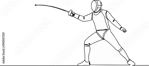 A line drawing depicts a fencer in a dynamic lunging pose, holding a foil
