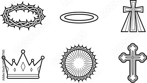 Collection of religious symbols including crown of thorns, halo, crosses, and crown