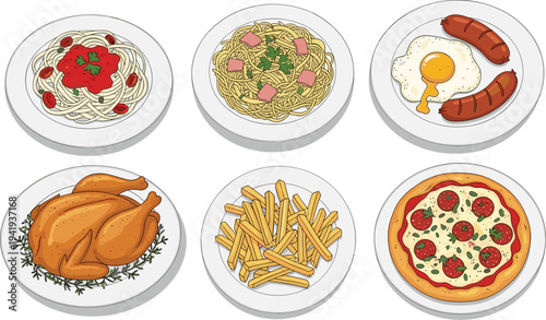 Collection of delicious food plates vector illustration featuring pasta pizza roasted chicken french fries and breakfast with eggs and sausages isolated white