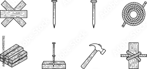 Collection of construction and DIY tools and materials, simple line art icons