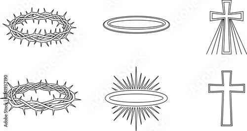 Collection of Christian symbols: crown of thorns, halo, and cross icons in outline style