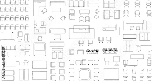 Isolated technical drawing on transparent background with various architectural elements