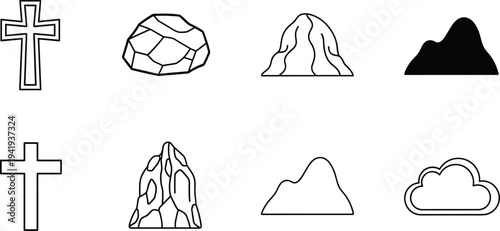 Collection of simple line art icons representing religious symbols and natural elements