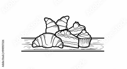 A line drawing features baked goods and pastries arranged on a wooden surface