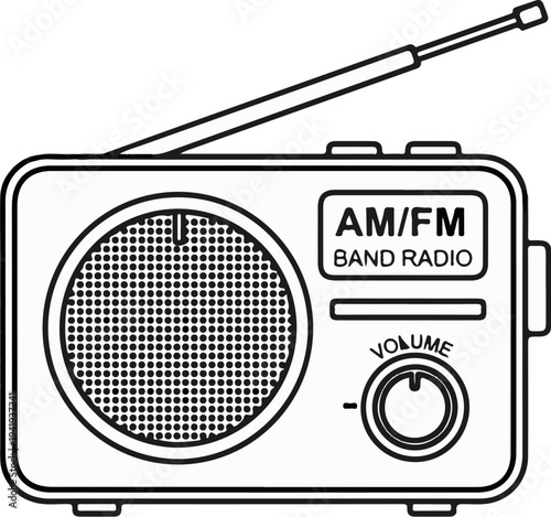A line drawing depicts a vintage portable AM/FM band radio with a telescopic antenna and speaker
