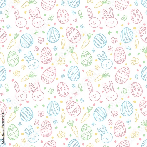 Hand Drawn Doodle Easter Pattern with Eggs Bunnies Carrots and Flowers