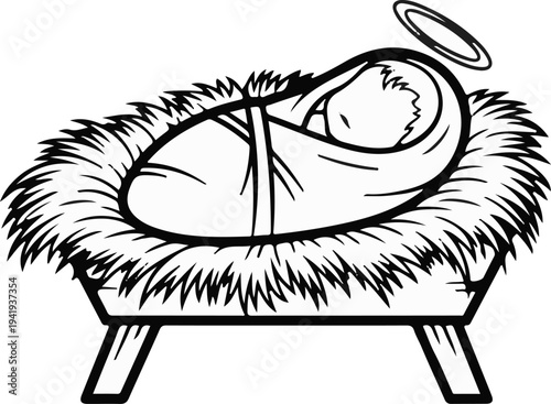 A line drawing of a baby in a manger with a halo above its head