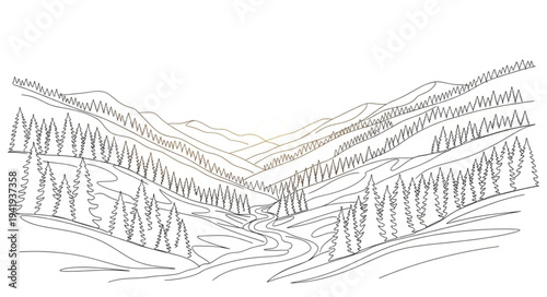 Abstract Line Drawing of Mountain Landscape.