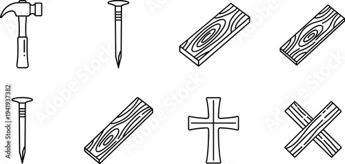 Collection of simple line art icons representing carpentry and religious symbols