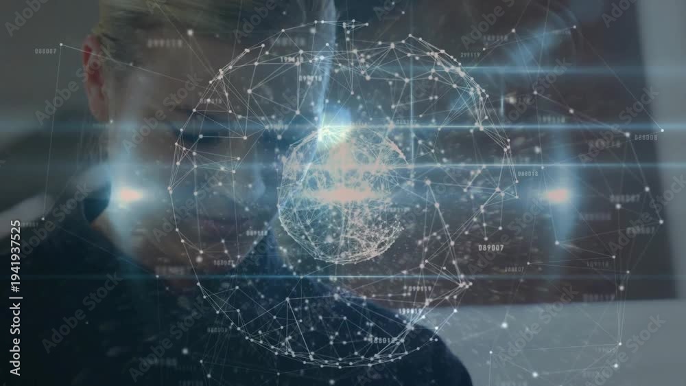 Woman with glasses watching holo sphere appearing rotating mapping data ...