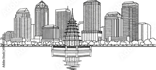 A line drawing of a city skyline with a pagoda and reflecting in water