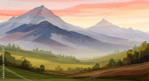 Scenic Mountain Landscape with Rolling Hills and Mist.