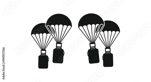 Four black hot air balloons with detailed canopies floating against a white background silhouette high quality
