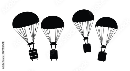 Four hot air balloons with luggage baskets descend against a white background a striking silhouette