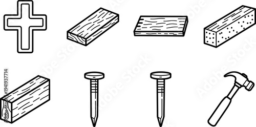 Collection of construction and religious symbols: cross, wood planks, nails, and hammer
