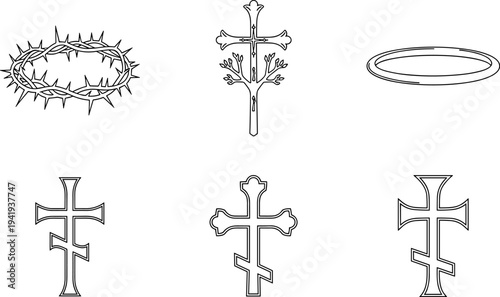 Collection of Christian religious symbols including crosses, crown of thorns, and halo