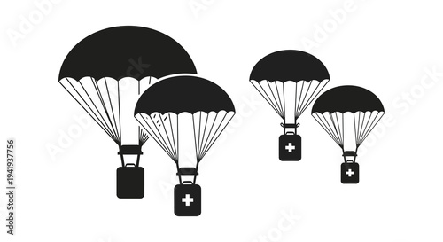 Four parachutes with cargo containers descend against a white background a striking silhouette high quality professional