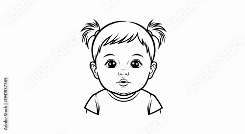 A simple black and white outline drawing of a baby's face with pigtails