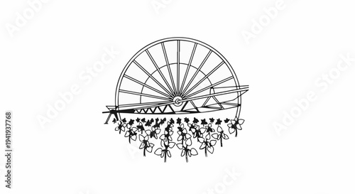 A line drawing of a Ferris wheel with a farm irrigation system and crops