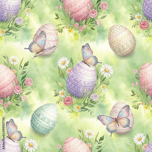 Watercolor Easter Eggs and Butterflies Seamless Floral Spring Pattern