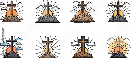 Christian crosses on rocky mountains with sunburst and clouds, symbolizing faith and hope