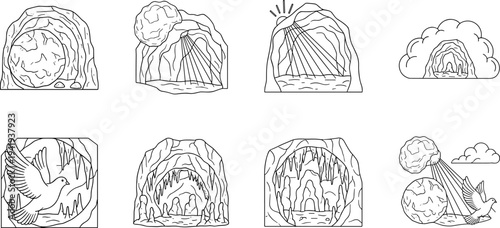 Collection of line art illustrations depicting various cave entrances and biblical scenes