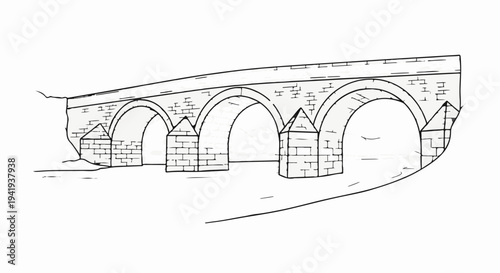 A hand-drawn sketch of a multi-arched stone bridge crossing a calm body of water